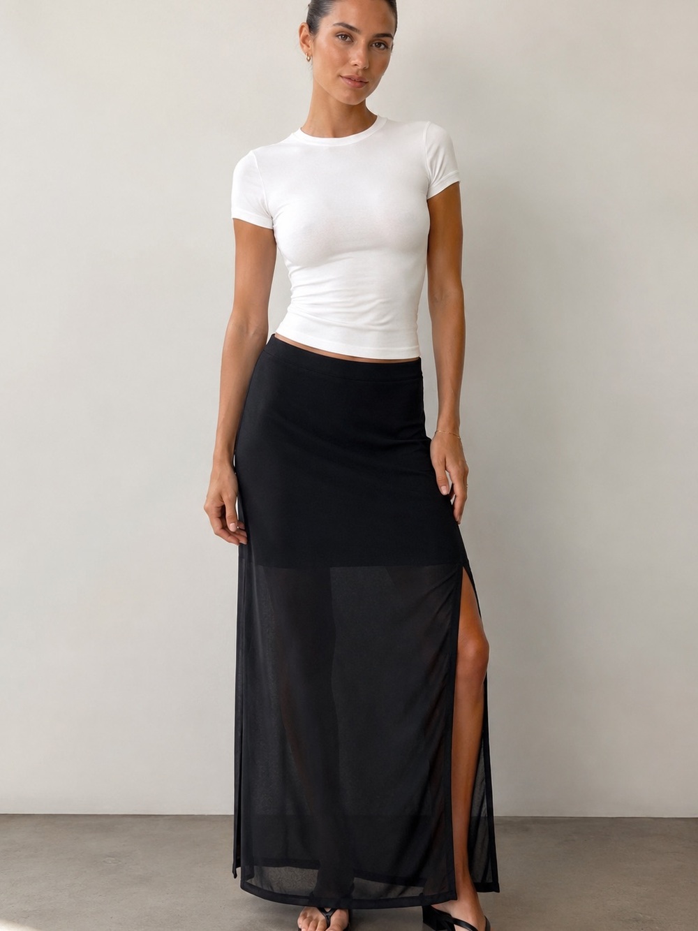Long Tall Sally Black Sheer Maxi Skirt Size 8 | Side Slit Mesh Overlay Evening